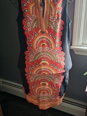 New York And Company Black Sleeveless Dress with Vibrant Red-Orange Tribal Print